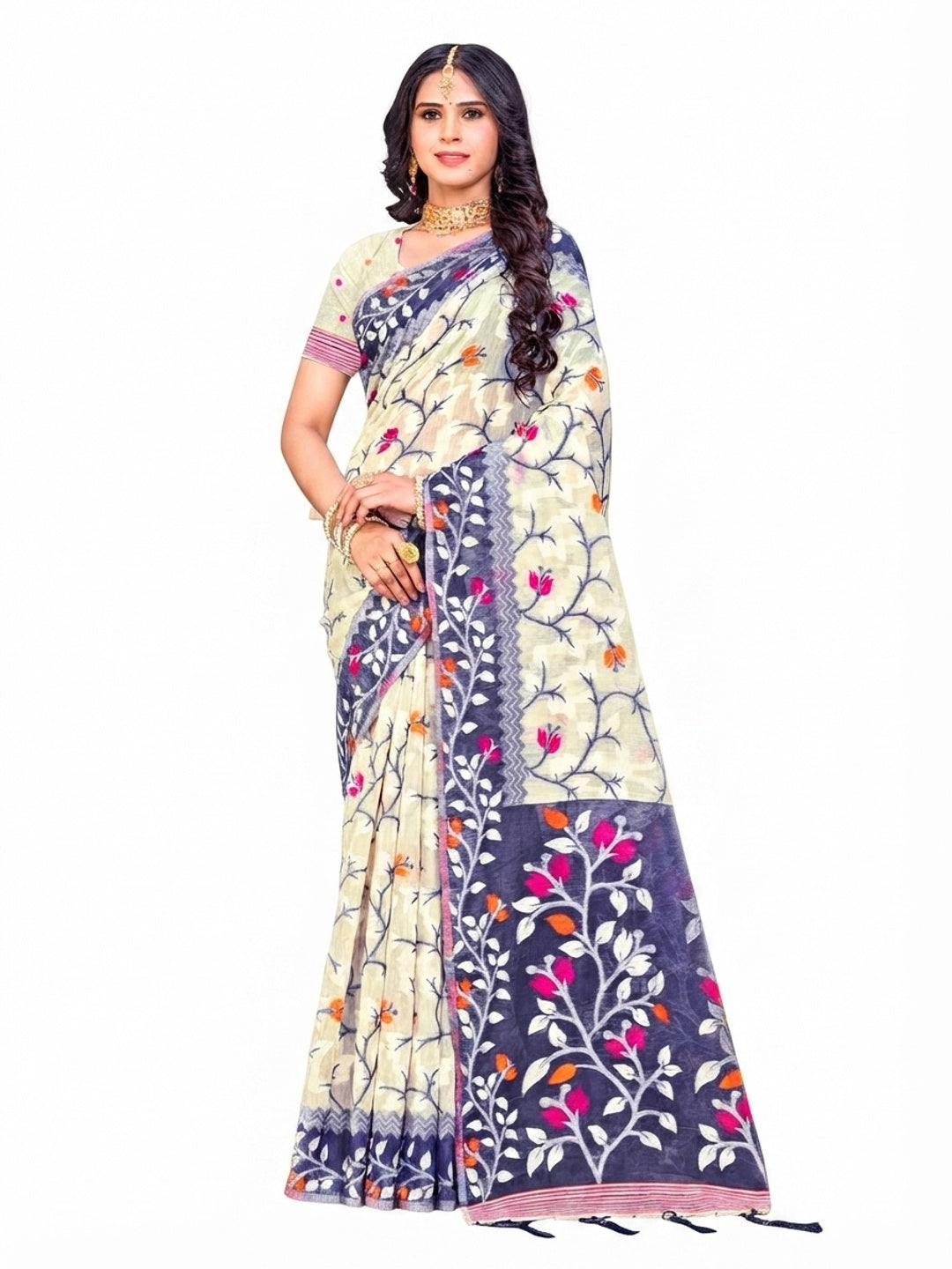Peachmode Violet Cotton Blend Saree - Image 4
