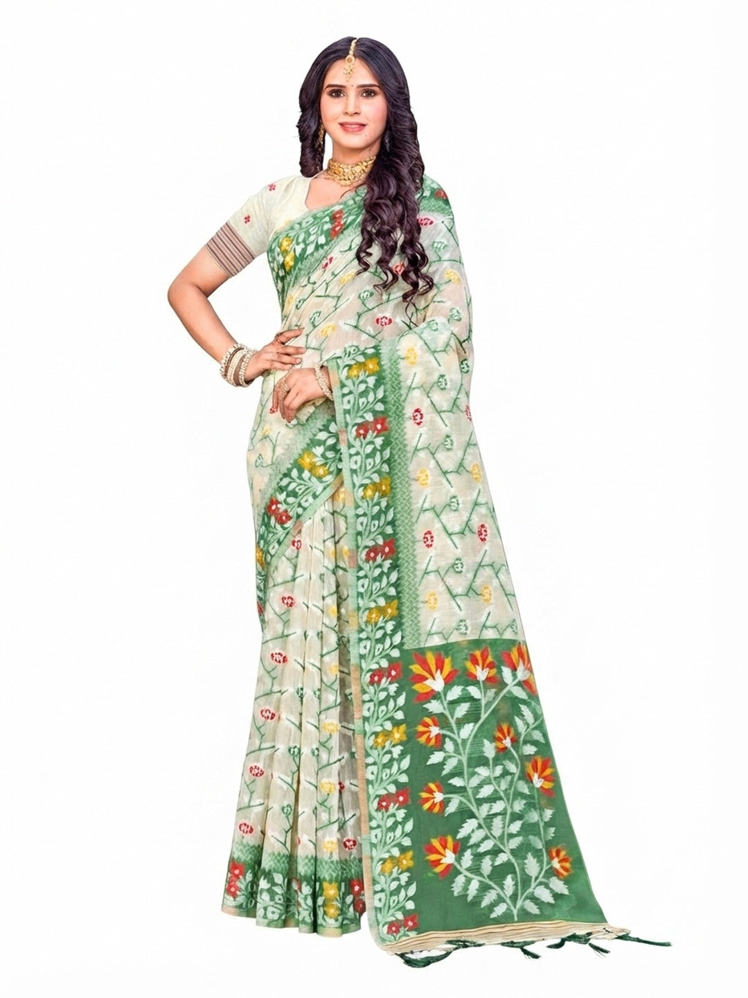 Peachmode Green Cotton Blend Saree - Image 4