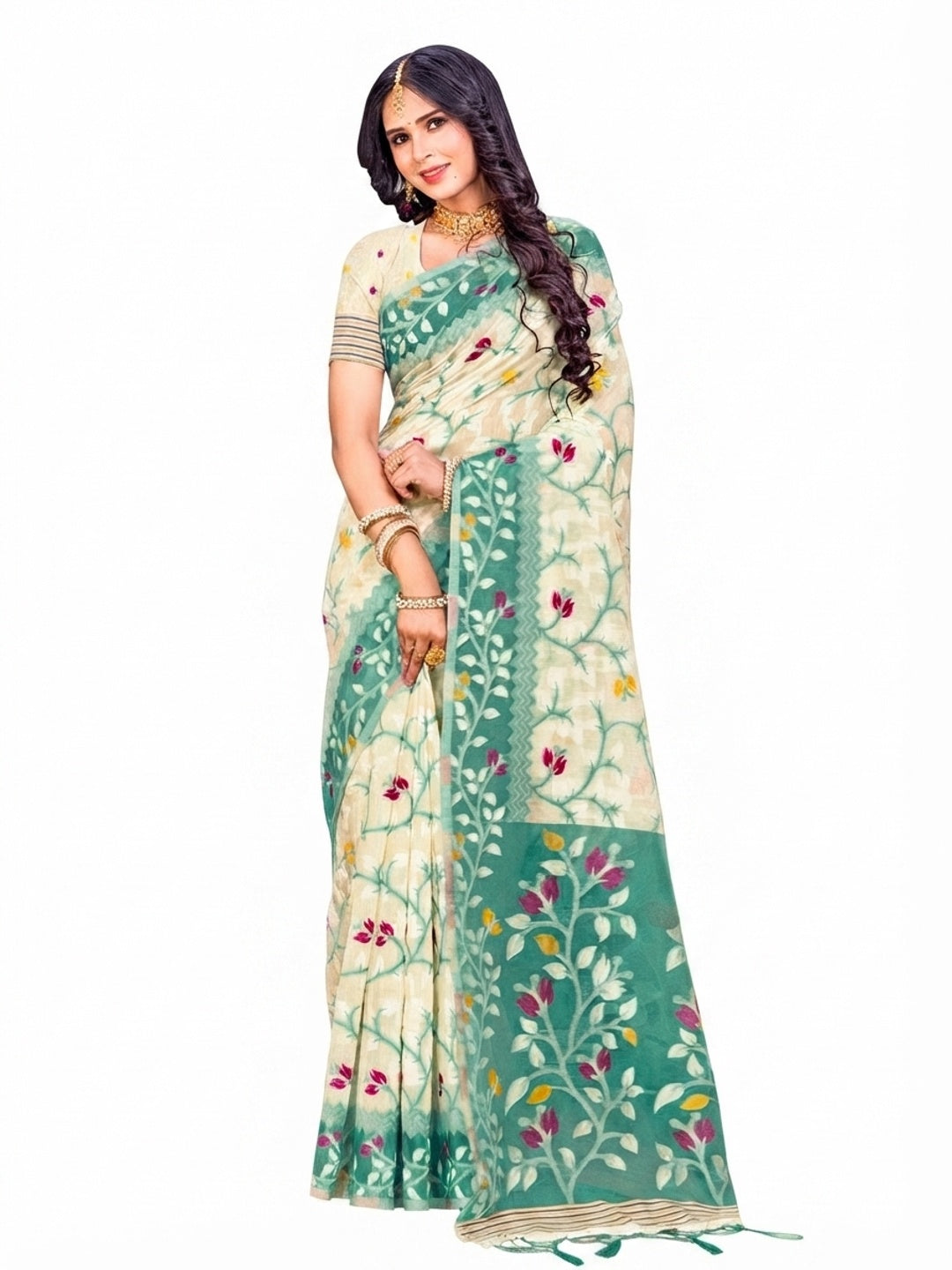 Peachmode Mint Green Cotton Blend Saree - Image 4