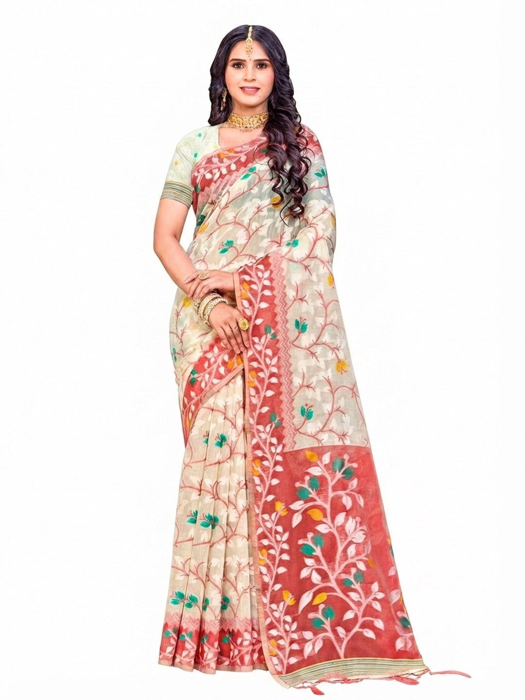 Peachmode Red Cotton Blend Saree - Image 4