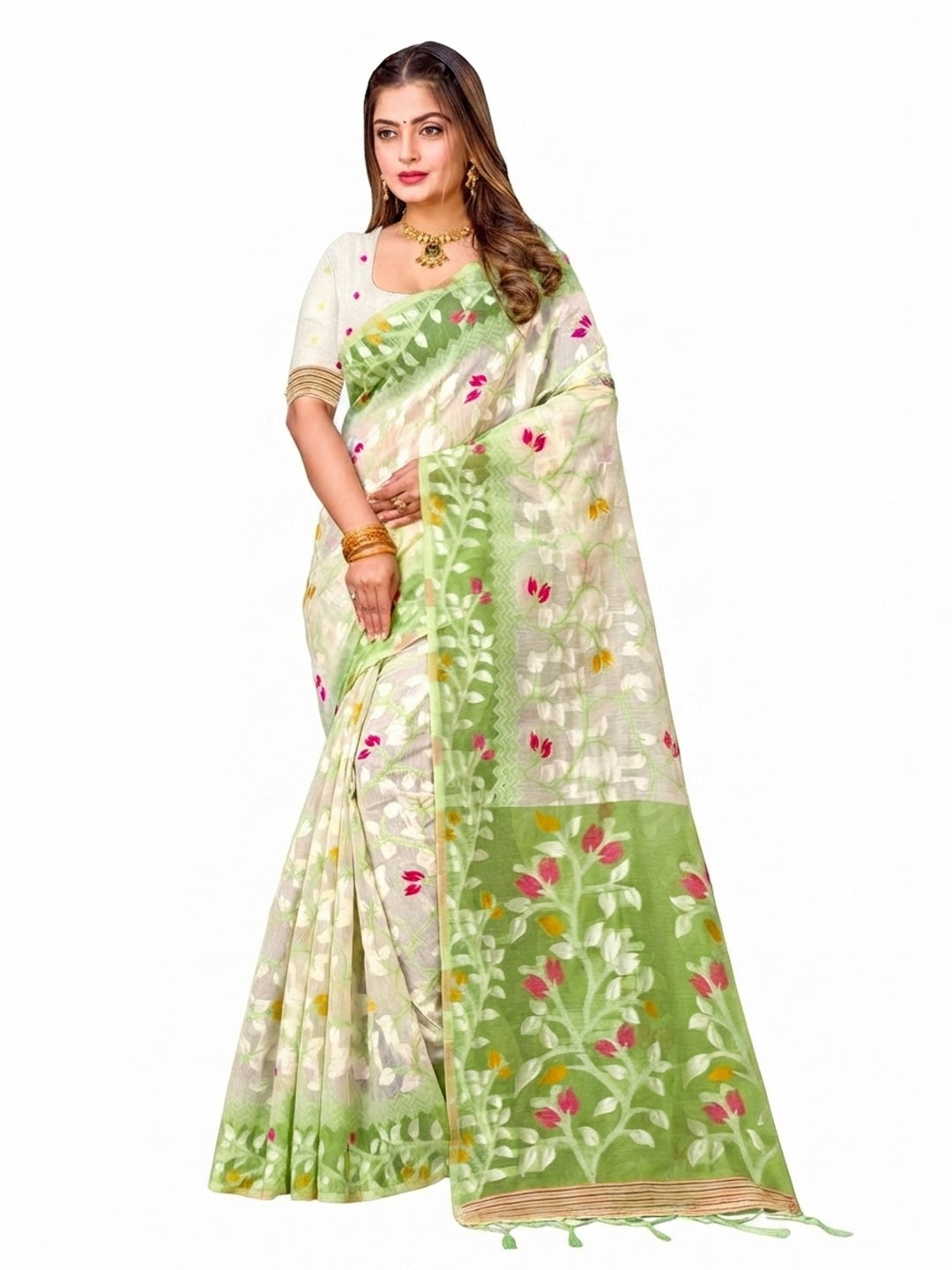Peachmode Green Cotton Blend Kashish Saree - Image 4