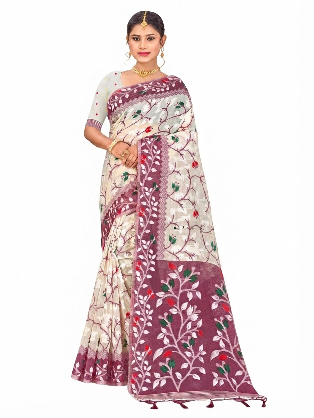 Peachmode Purple Cotton Blend Kashish Saree - Image 4