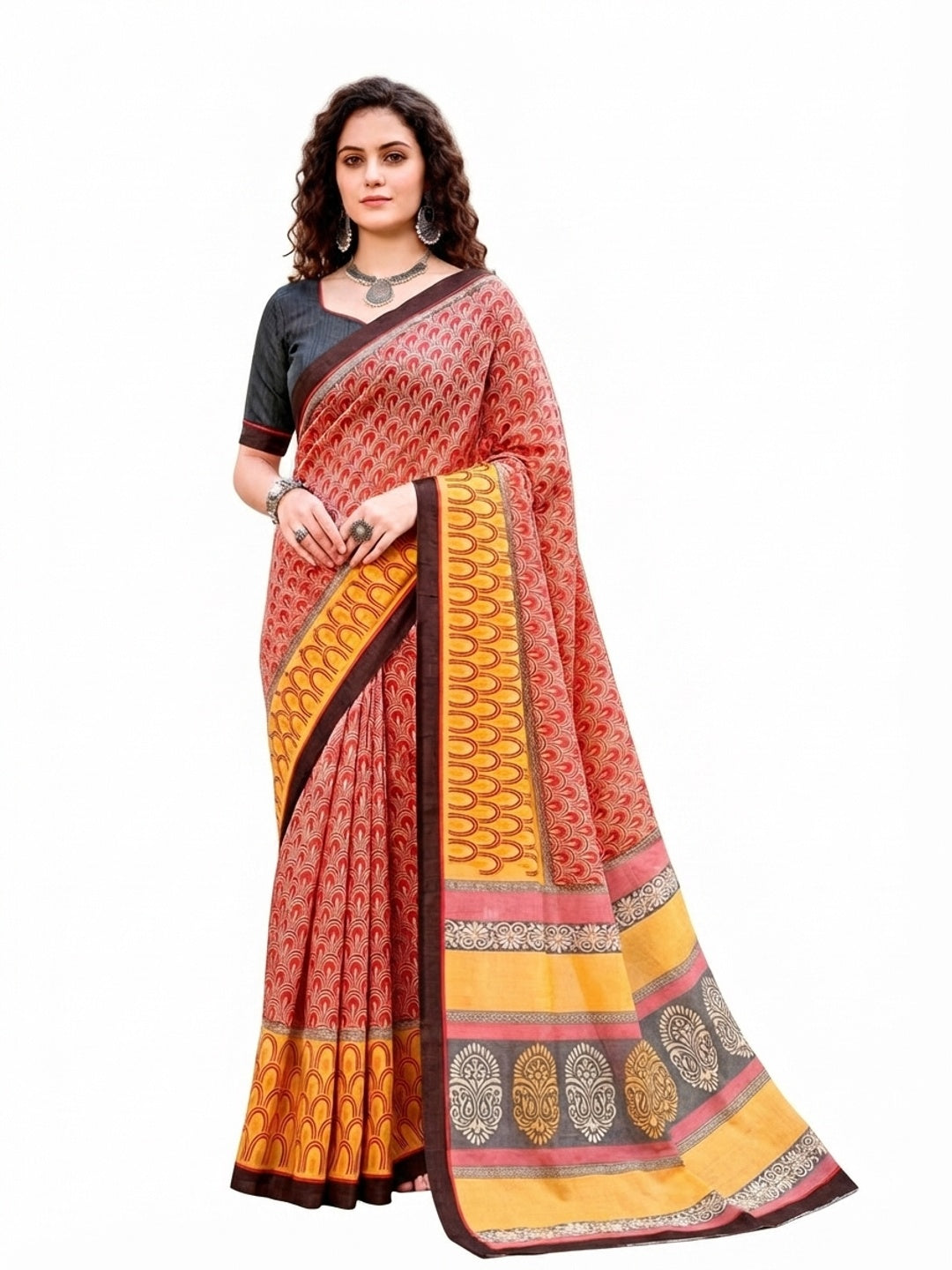 Peachmode Brick Red Cotton Blend Harshita Saree - Image 6
