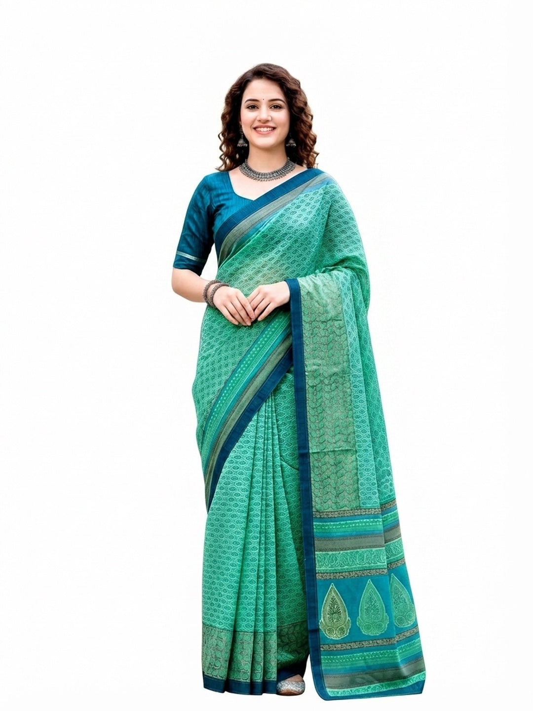 Peachmode Mint Green Cotton Blend Harshita Saree - Image 6