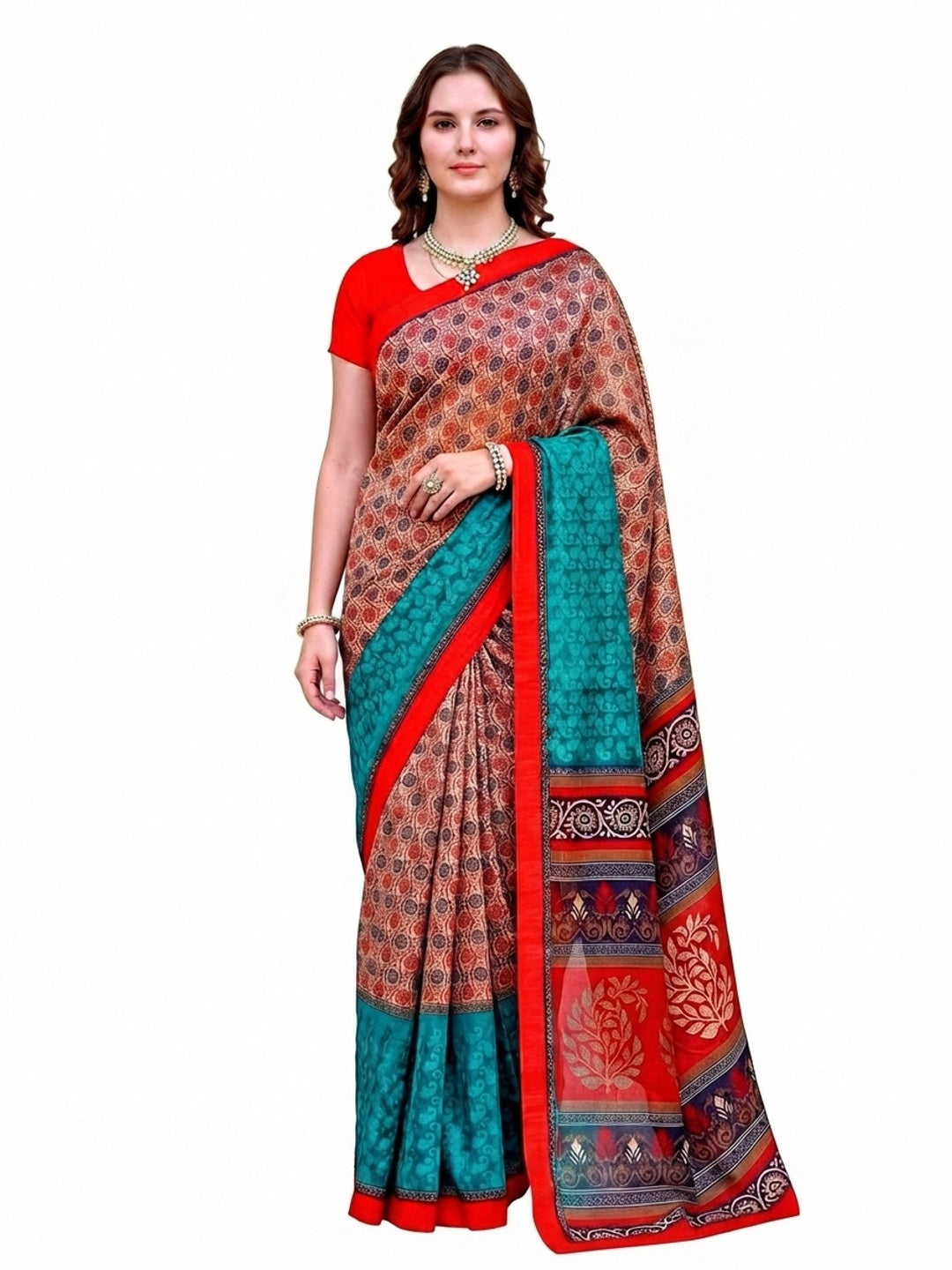 Peachmode Beige & Teal Cotton Blend Harshita Saree - Image 6