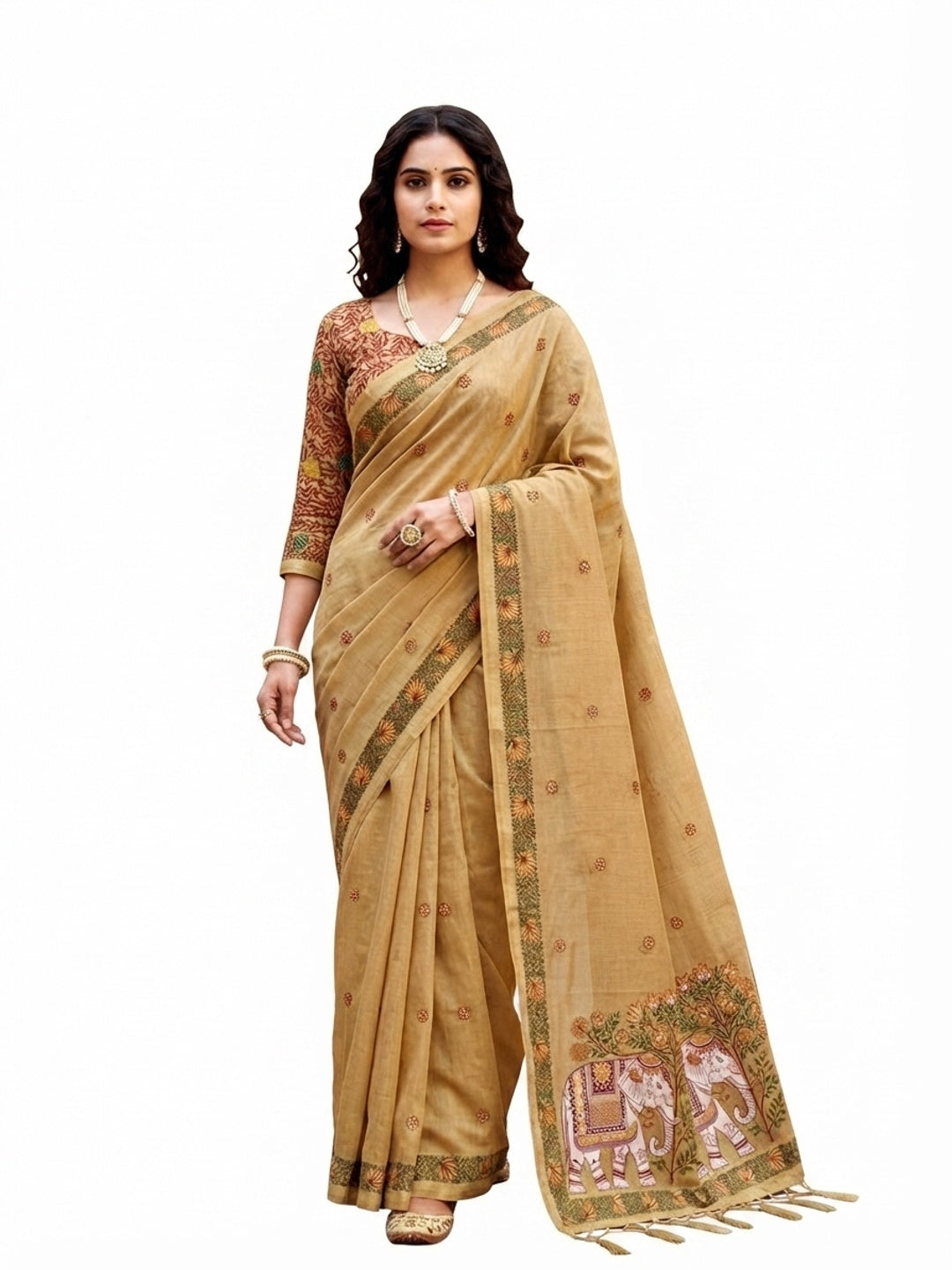 Peachmode Beige Cotton Blend Country Plus Saree - Image 7