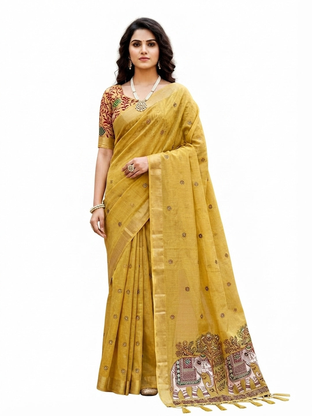 Peachmode Yellow Cotton Blend Country Plus Saree - Image 7