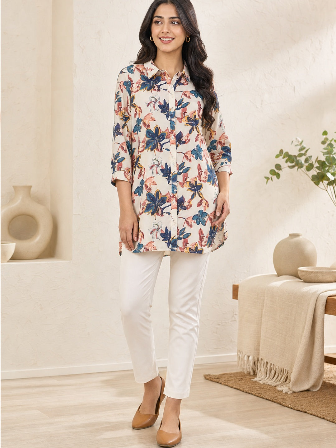 Off White Crepe Floral Printed Top - Image 1