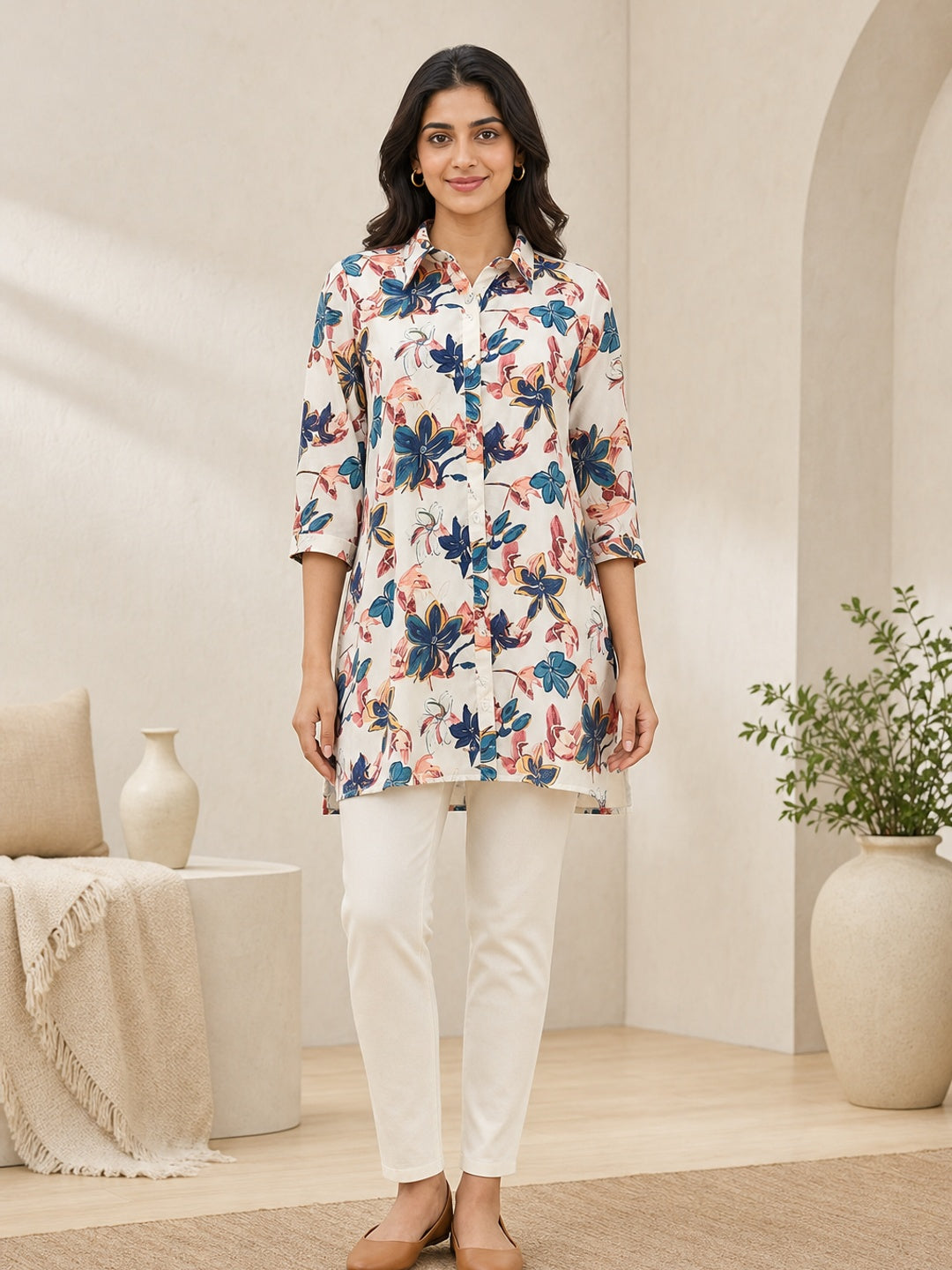 Off White Crepe Floral Printed Top - Image 2