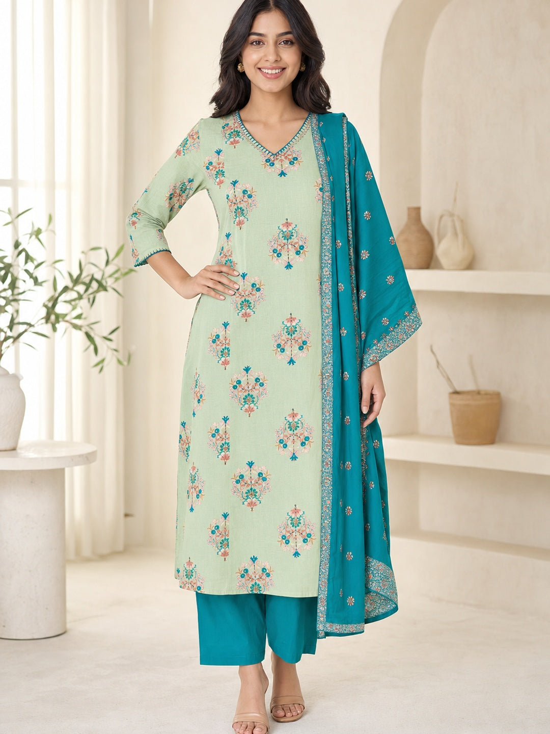 Green Cotton Floral Printed Salwar Suit Set - Image 1