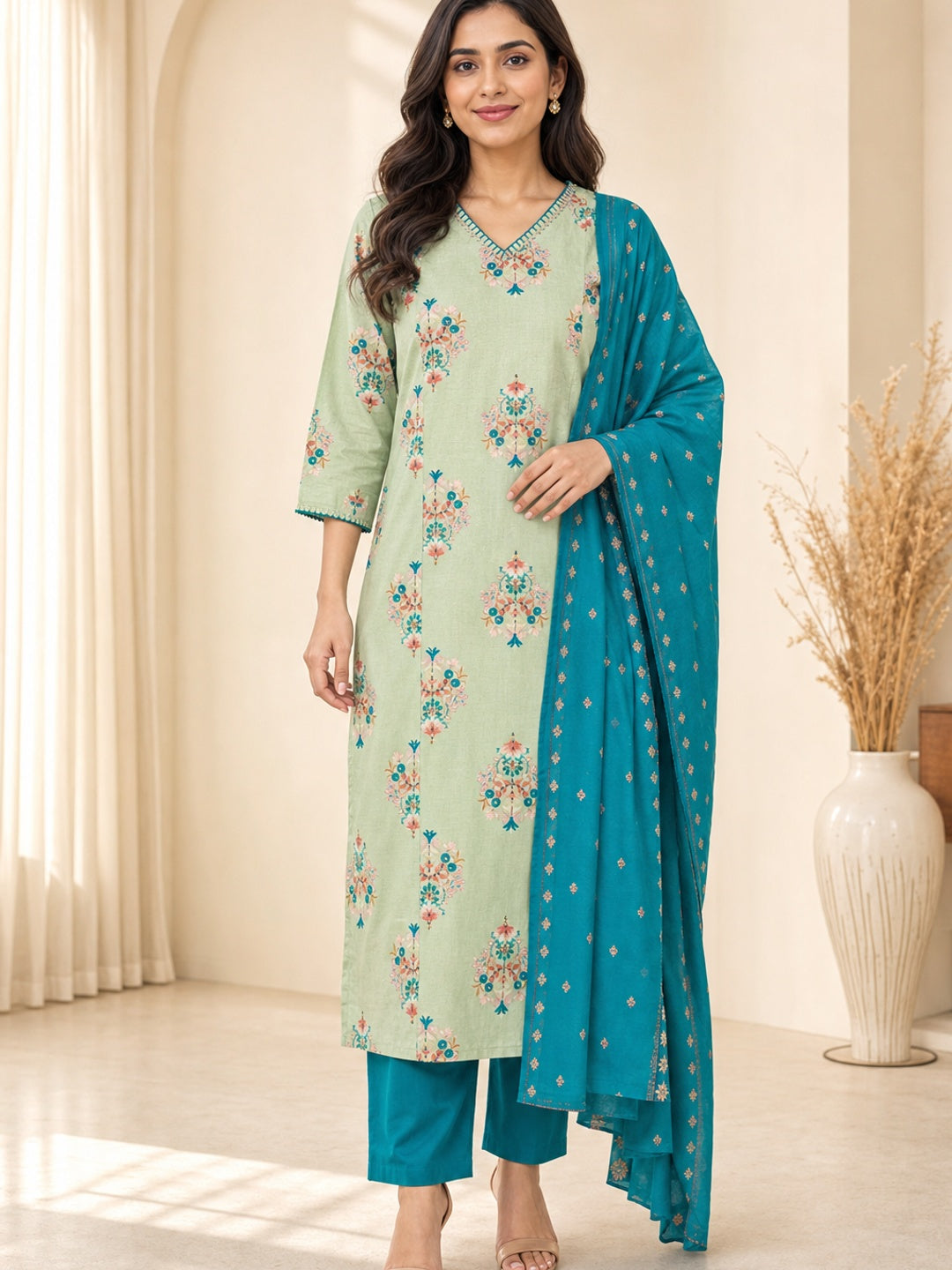 Green Cotton Floral Printed Salwar Suit Set - Image 2