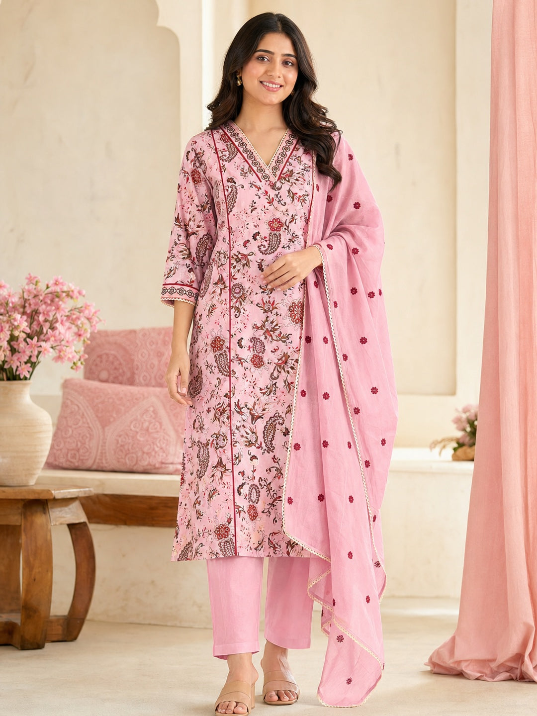 Pink Cotton Floral Printed Salwar Suit Set - Image 1