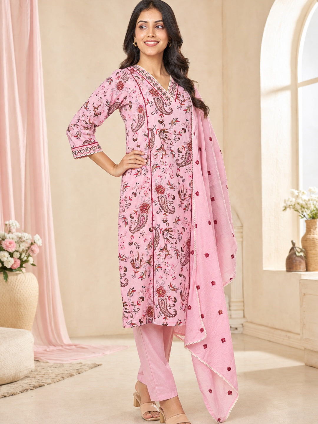 Pink Cotton Floral Printed Salwar Suit Set - Image 3