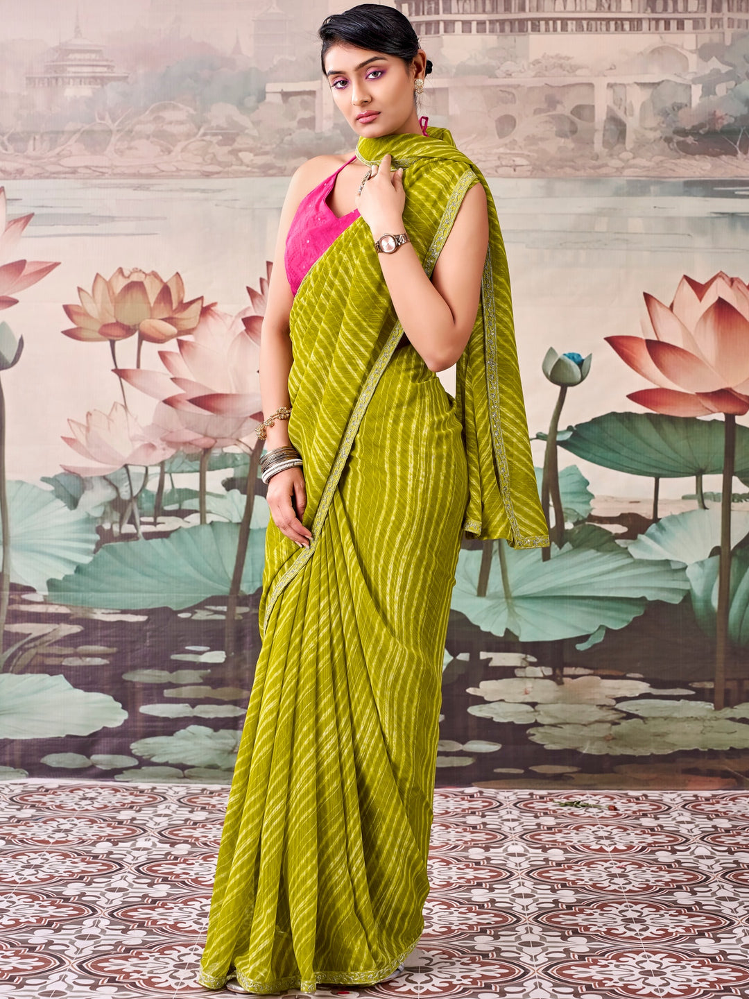 Peachmode Olive Raj Mahal Embroidered Saree - Image 1