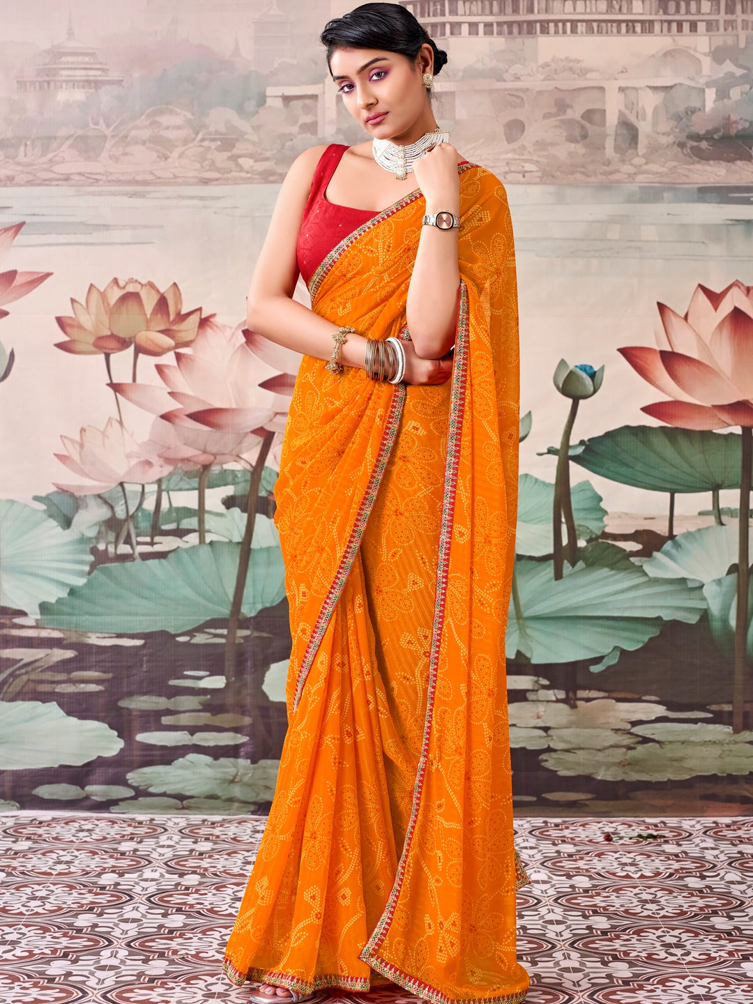 Peachmode Orange Raj Mahal Embroidered Saree - Image 1