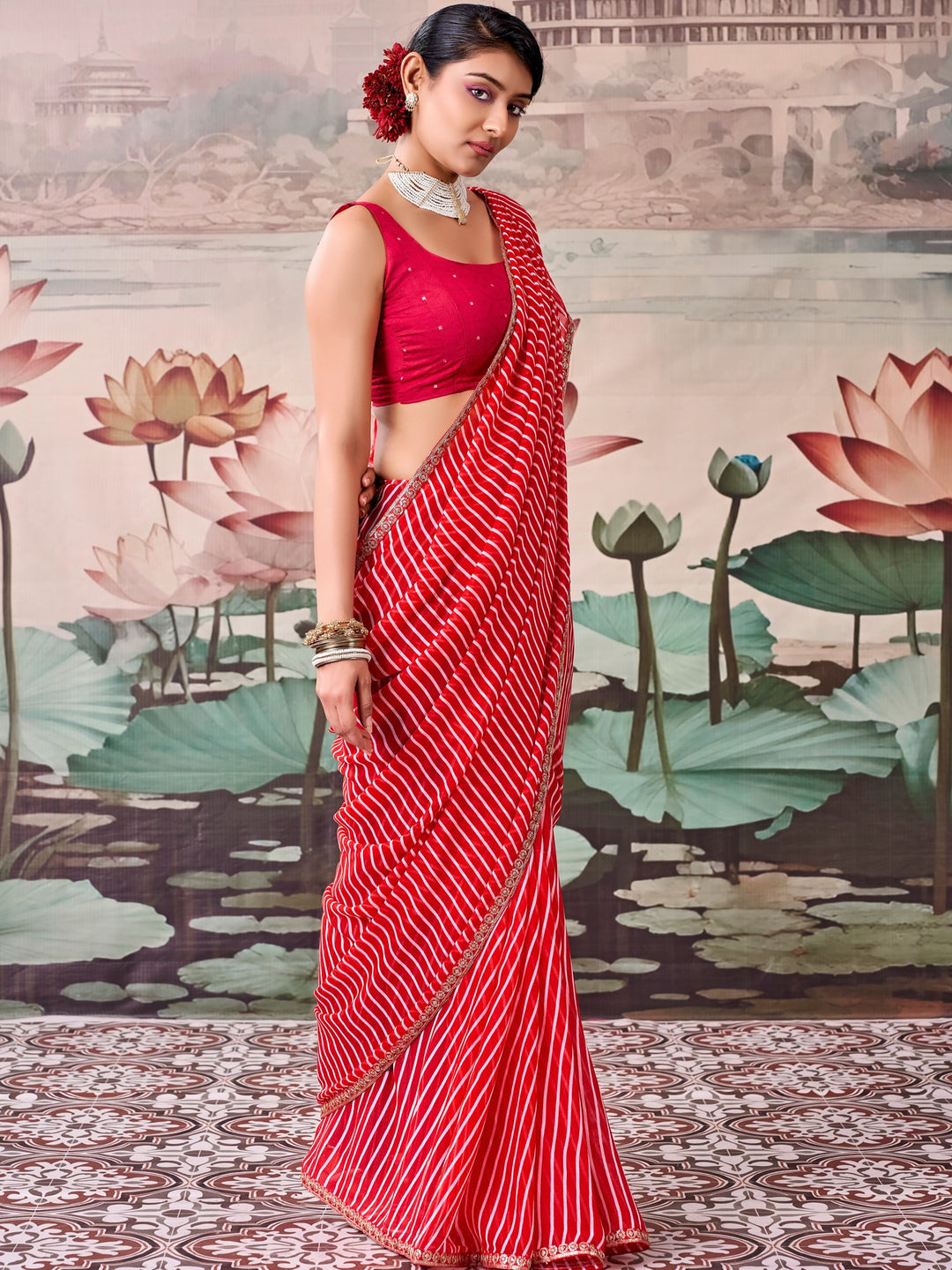 Peachmode Red Raj Mahal Embroidered Saree - Image 1