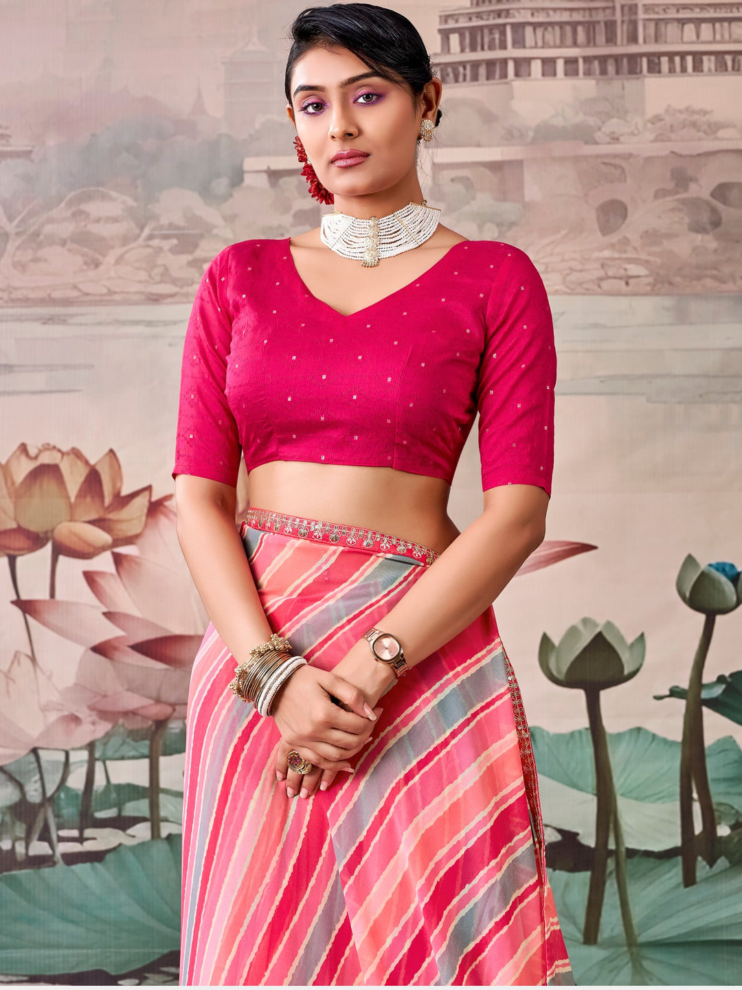 Peachmode Pink Raj Mahal Embroidered Saree - Image 1