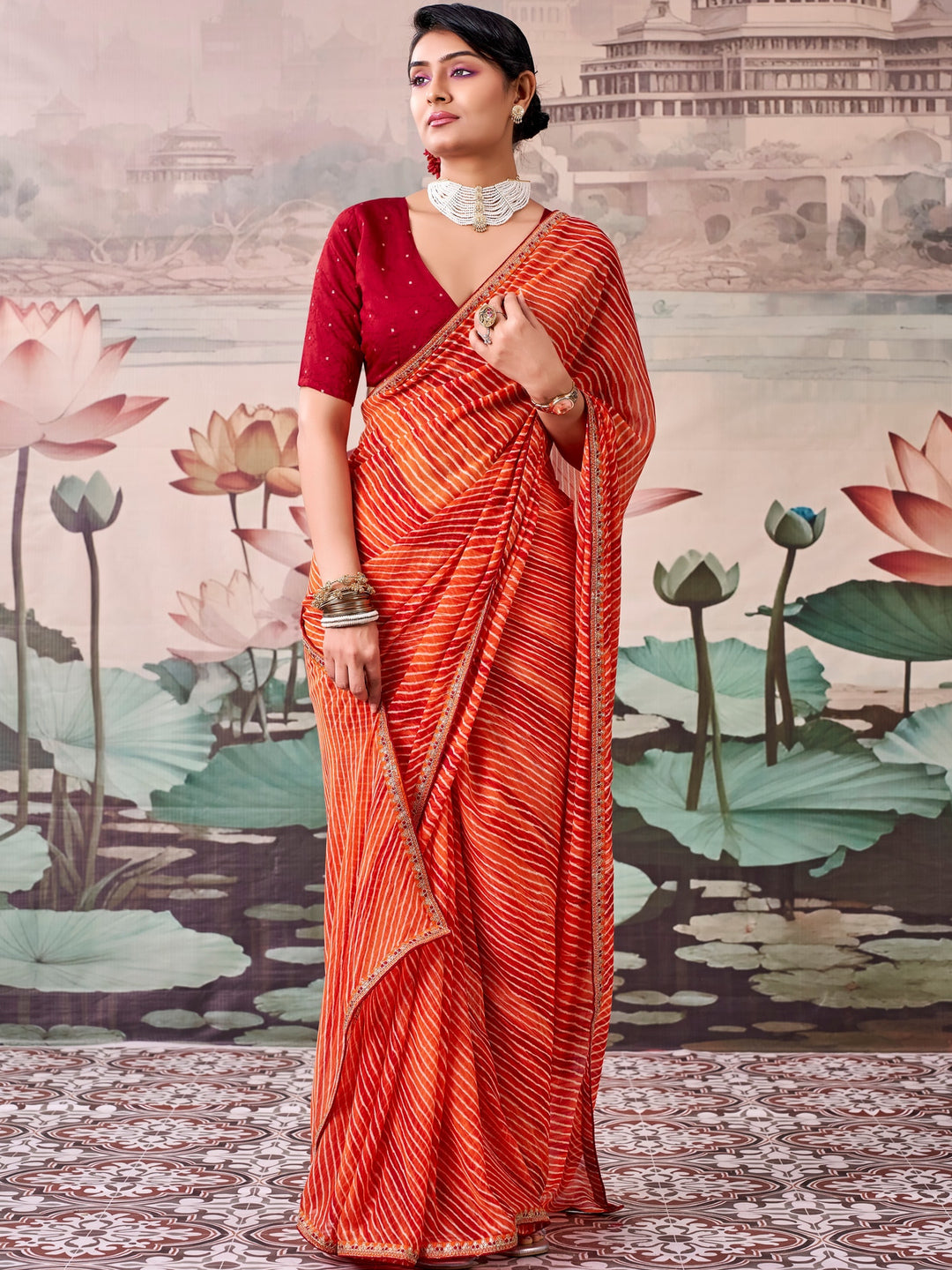 Peachmode Orange Raj Mahal Embroidered Saree - Image 1