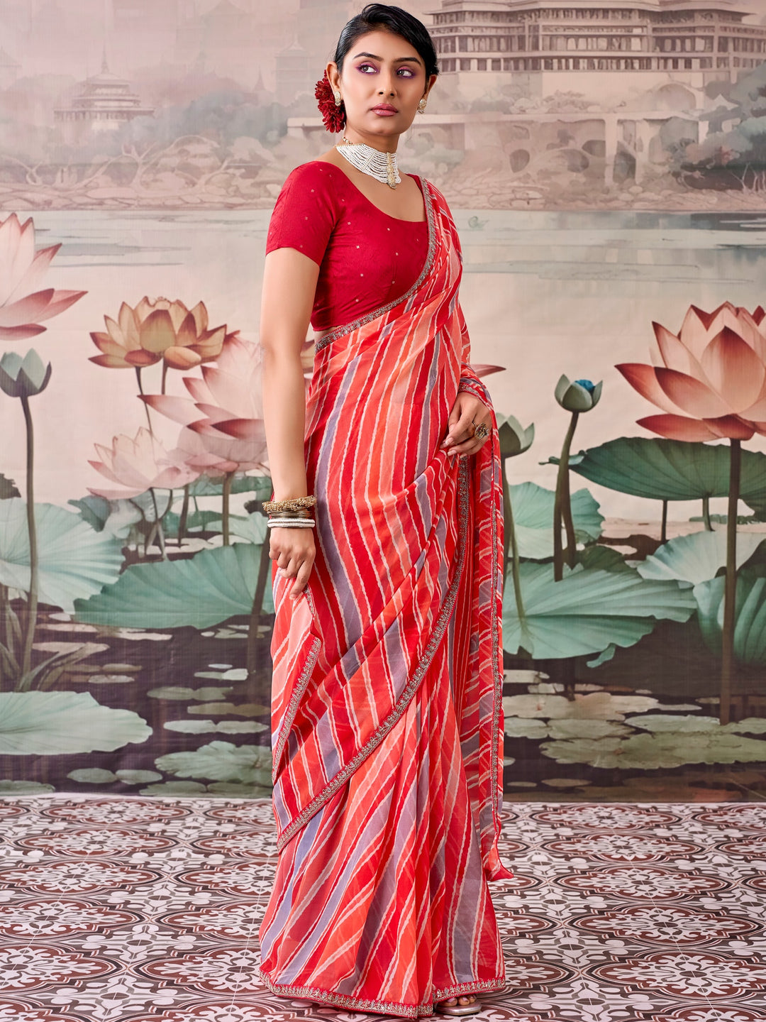 Peachmode Red Raj Mahal Embroidered Saree - Image 1