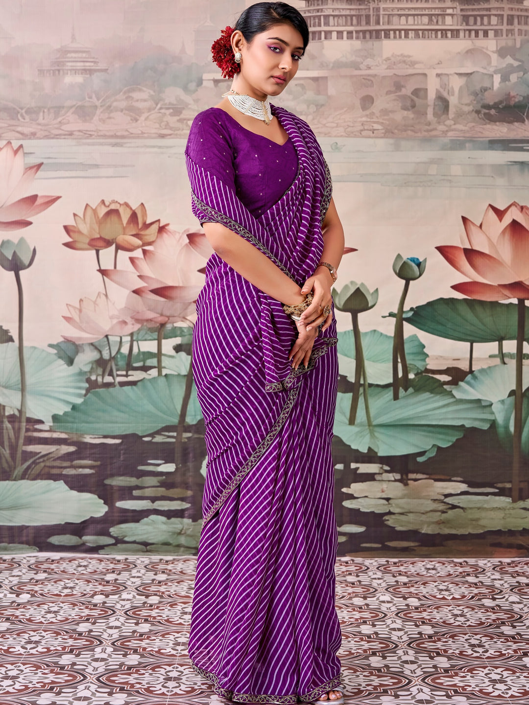 Peachmode Purple Raj Mahal Embroidered Saree - Image 1