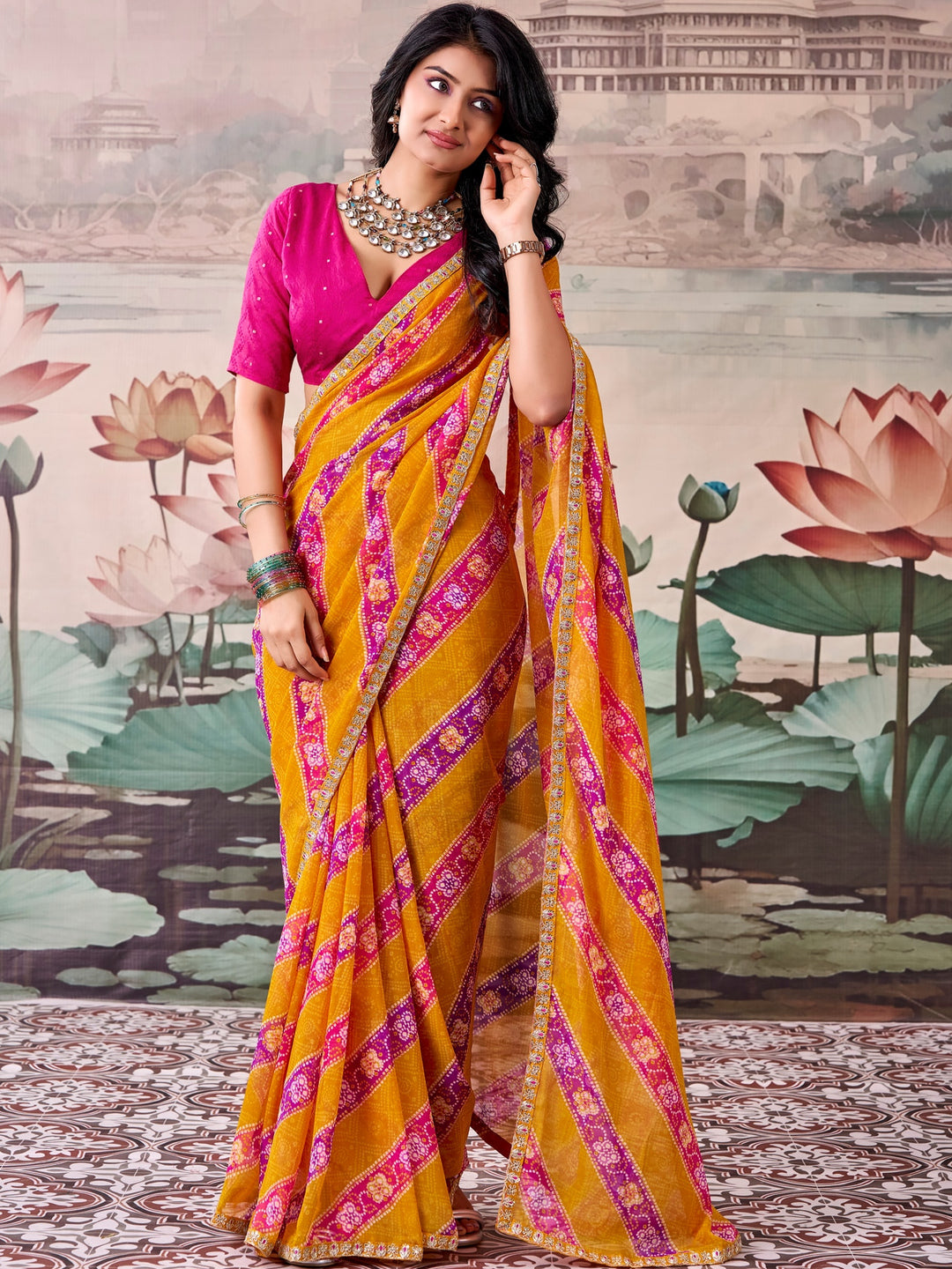 Peachmode Orange Raj Mahal Embroidered Saree - Image 1