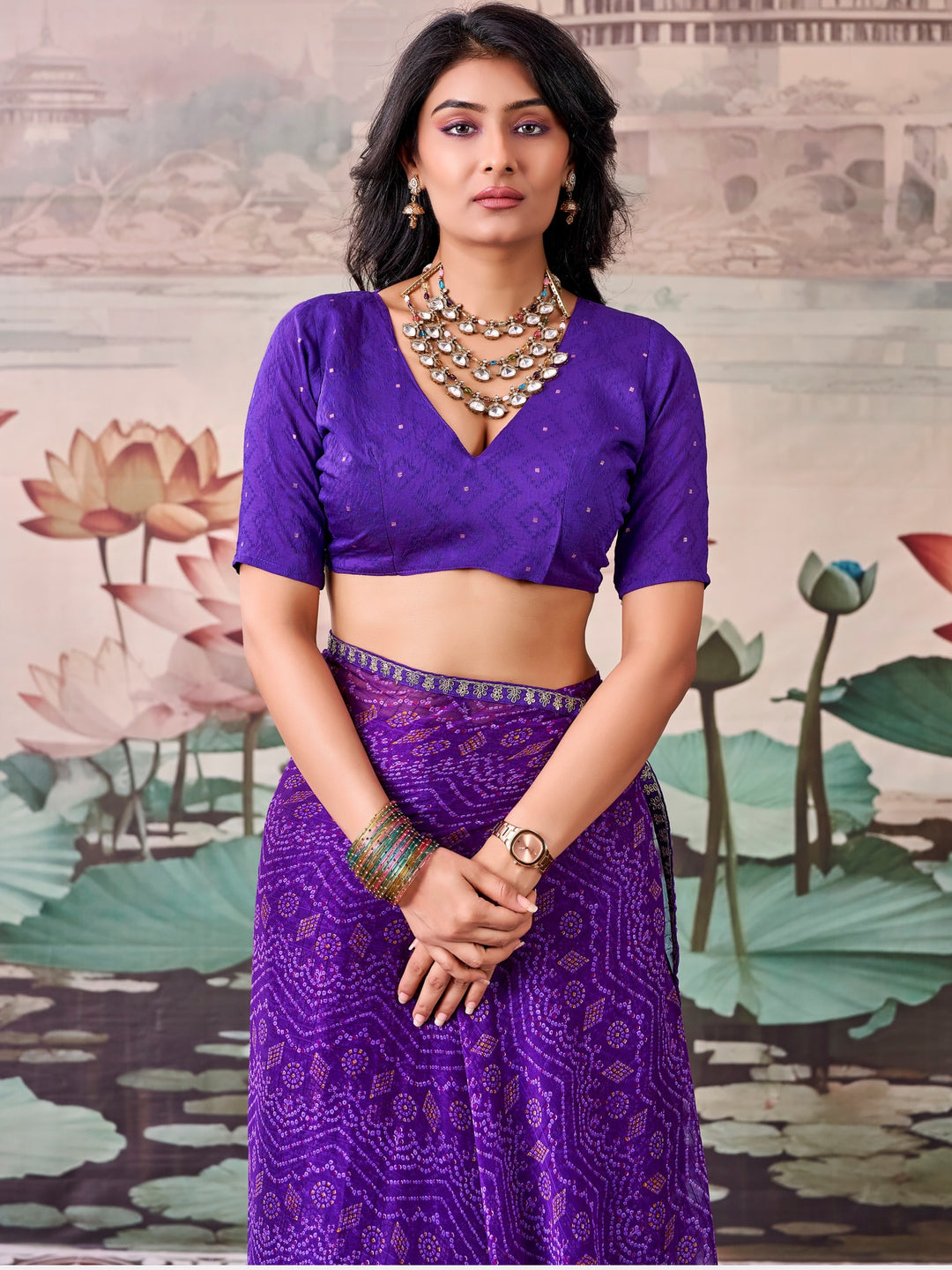 Peachmode Purple Raj Mahal Embroidered Saree - Image 1