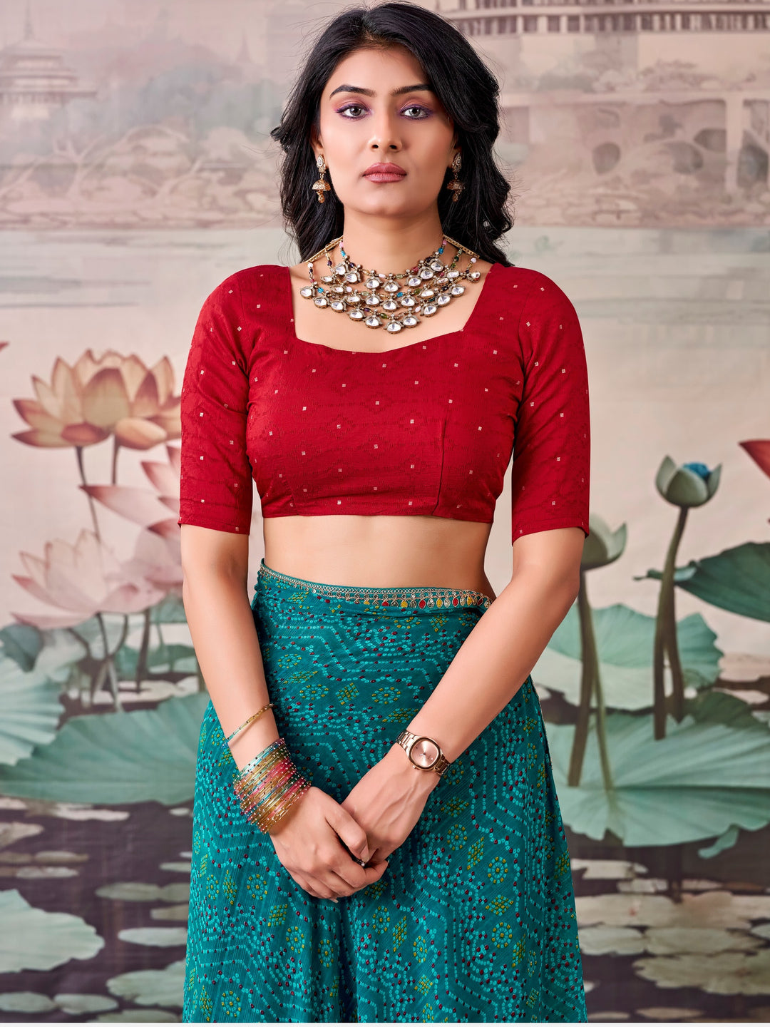 Peachmode Teal Raj Mahal Embroidered Saree - Image 1