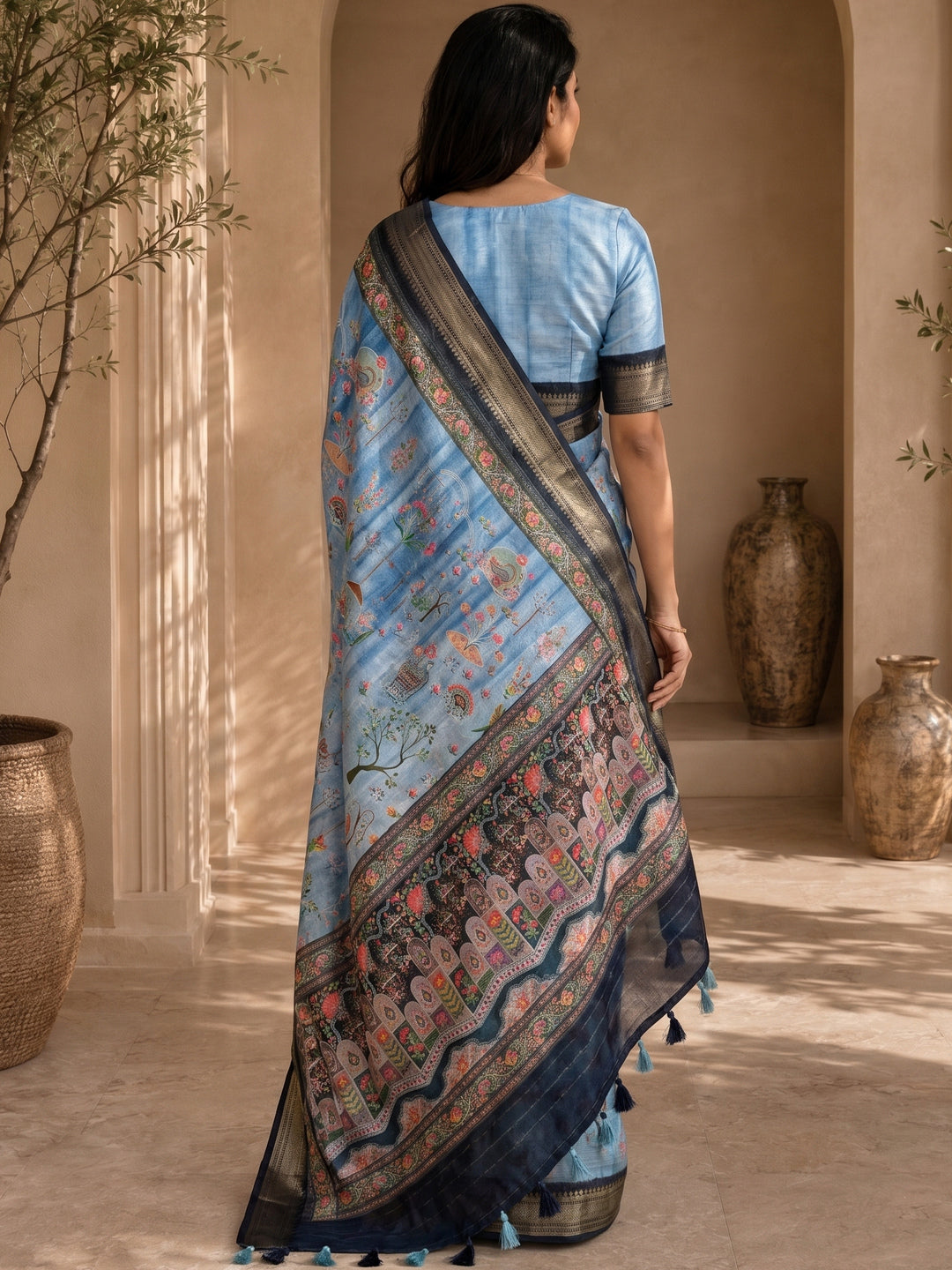 Peachmode Sky Blue Dola Silk Position Digital Print Saree - Image 2