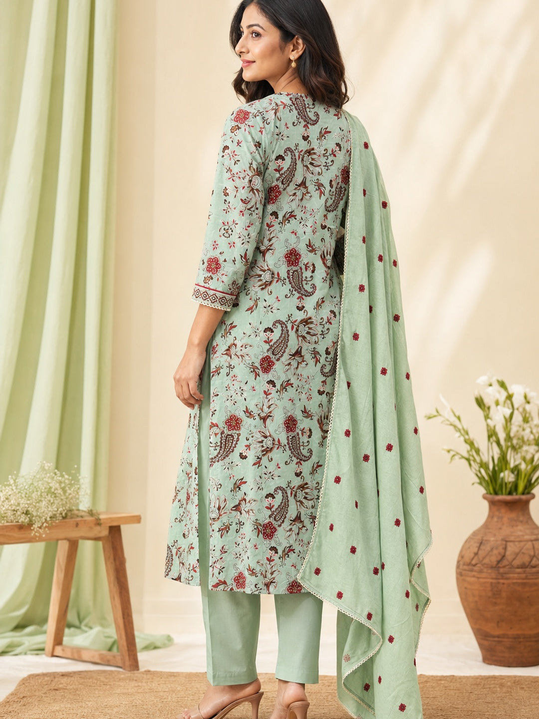 Pista Green Cotton Floral Printed Salwar Suit Set - Image 2