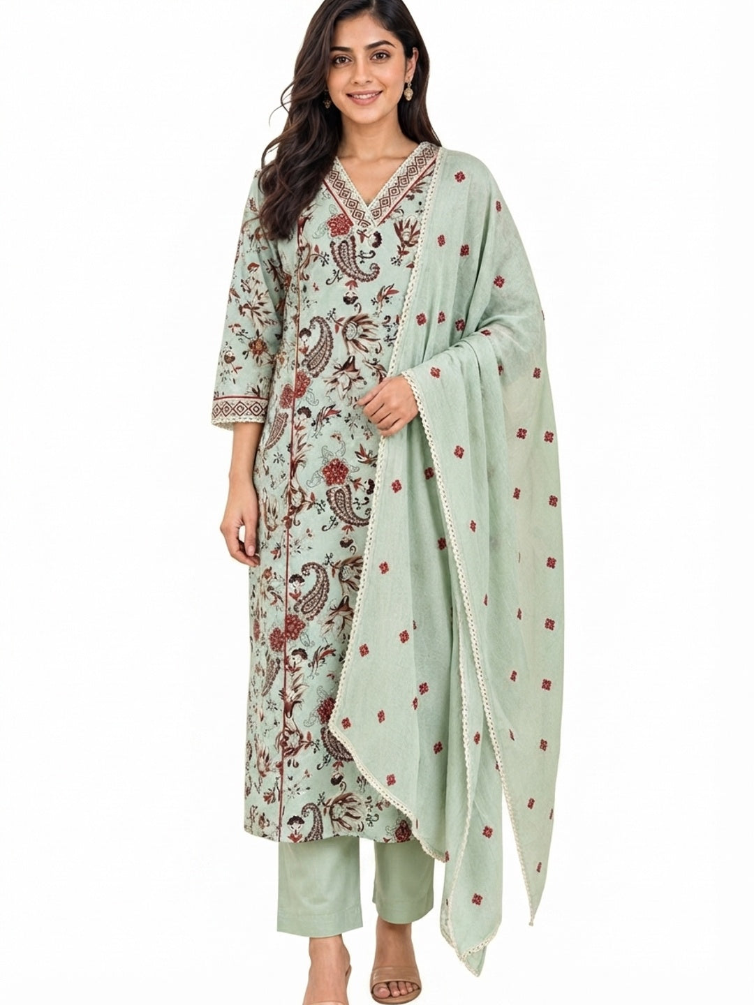 Pista Green Cotton Floral Printed Salwar Suit Set - Image 3