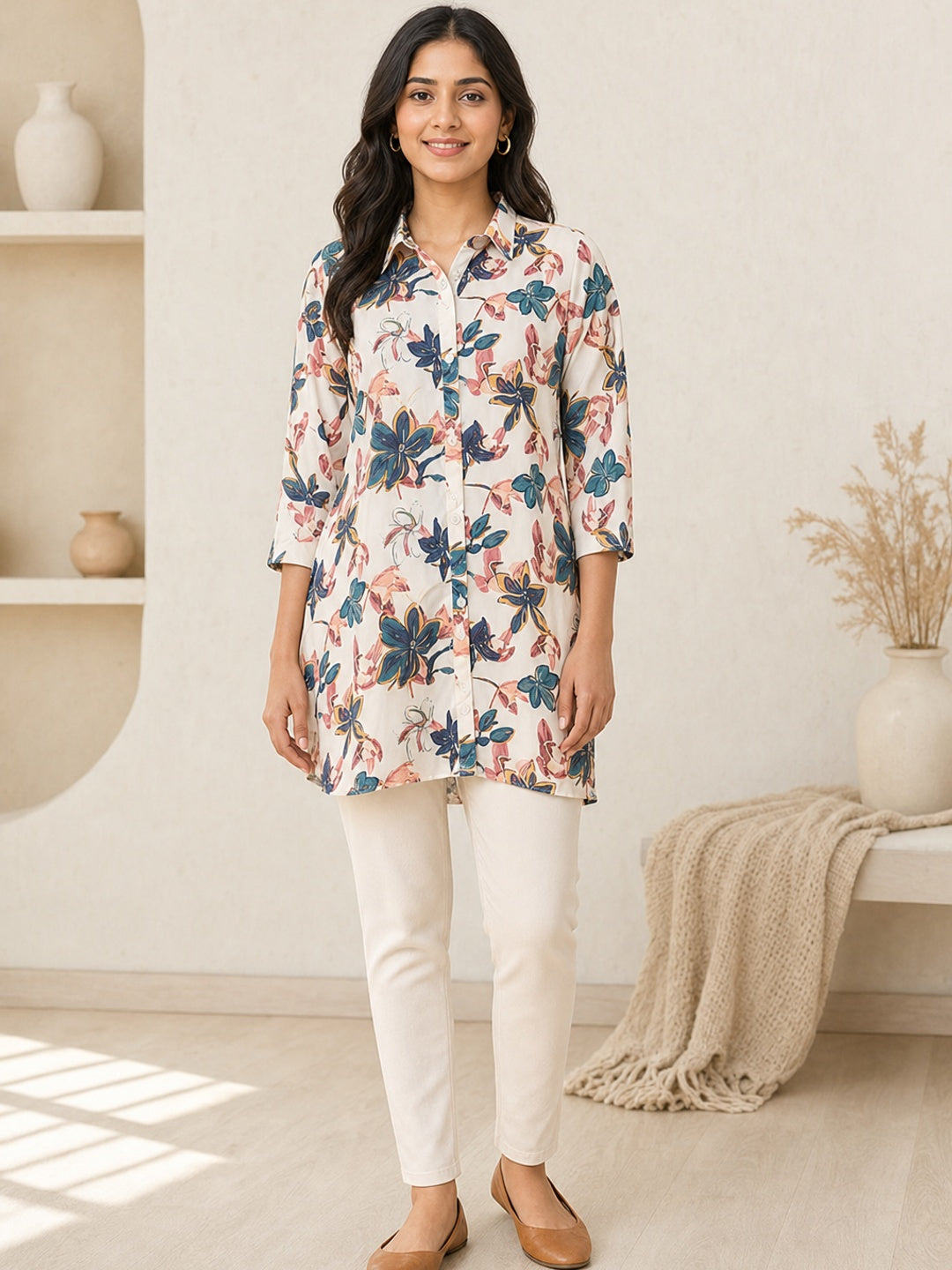 Off White Crepe Floral Printed Top - Image 2