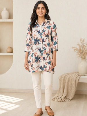 Off White Crepe Floral Printed Top - Image 2