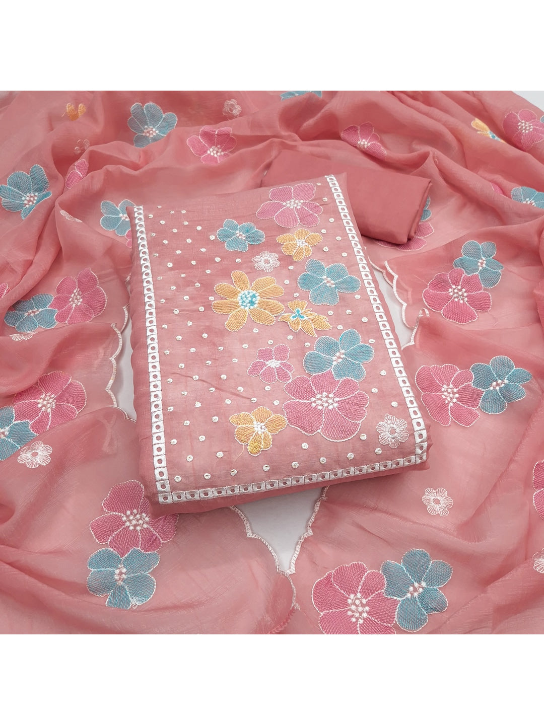 Peachmode Peach Crunchy Dress Material with Floral Embroidery - Image 1