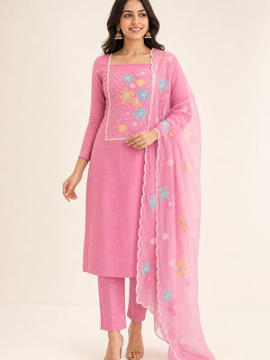 Peachmode Pink Crunchy Dress Material with Floral Embroidery - Image 1