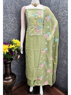 Peachmode Olive Crunchy Dress Material with Floral Embroidery - Image 2