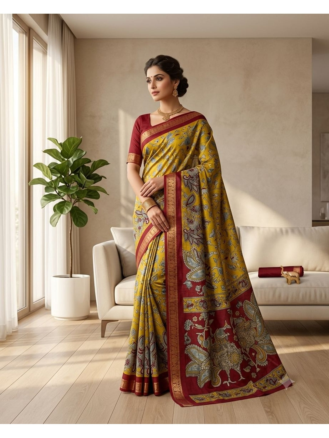 Peachmode Yellow Dola Silk Kalamkari Printed Saree - Image 1