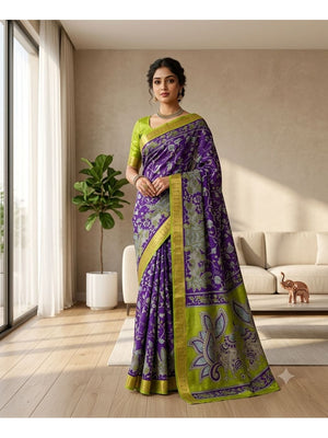 Peachmode Purple Dola Silk Kalamkari Printed Saree - Image 1