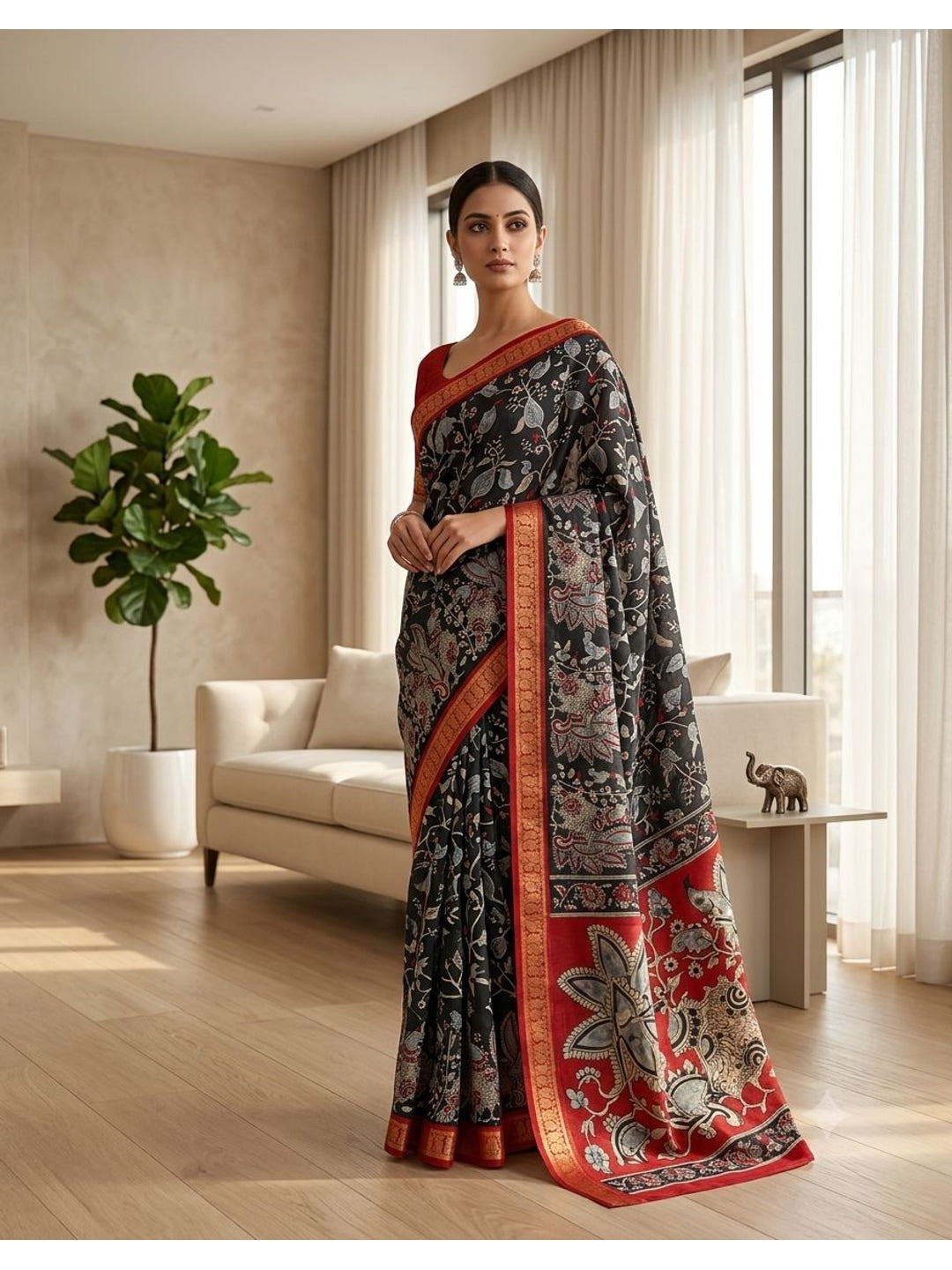 Peachmode Black Dola Silk Kalamkari Printed Saree - Image 1
