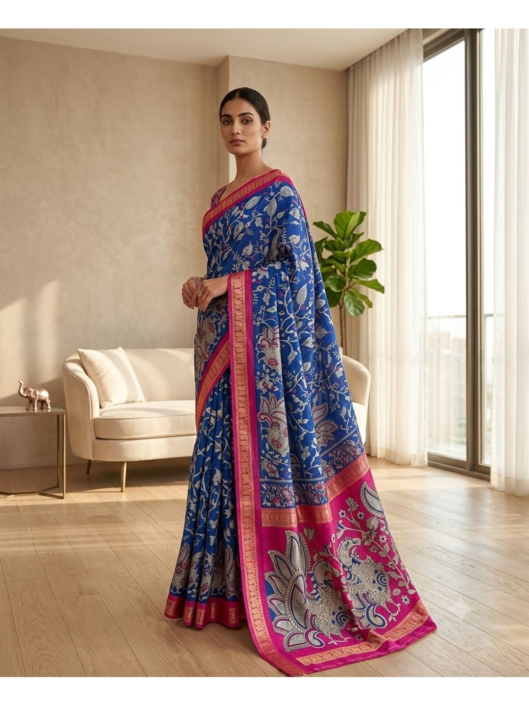 Peachmode Blue Dola Silk Kalamkari Printed Saree - Image 1