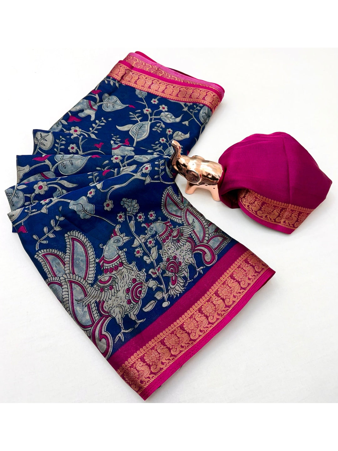 Peachmode Blue Dola Silk Kalamkari Printed Saree - Image 3