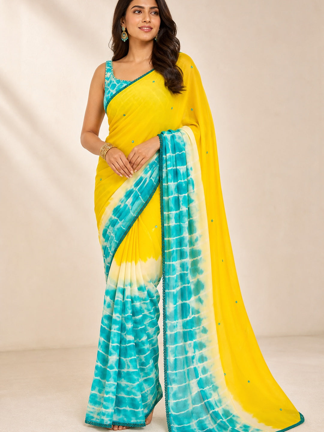 Peachmode Yellow Georgette Printed Saree with Mirror Work - Image 1