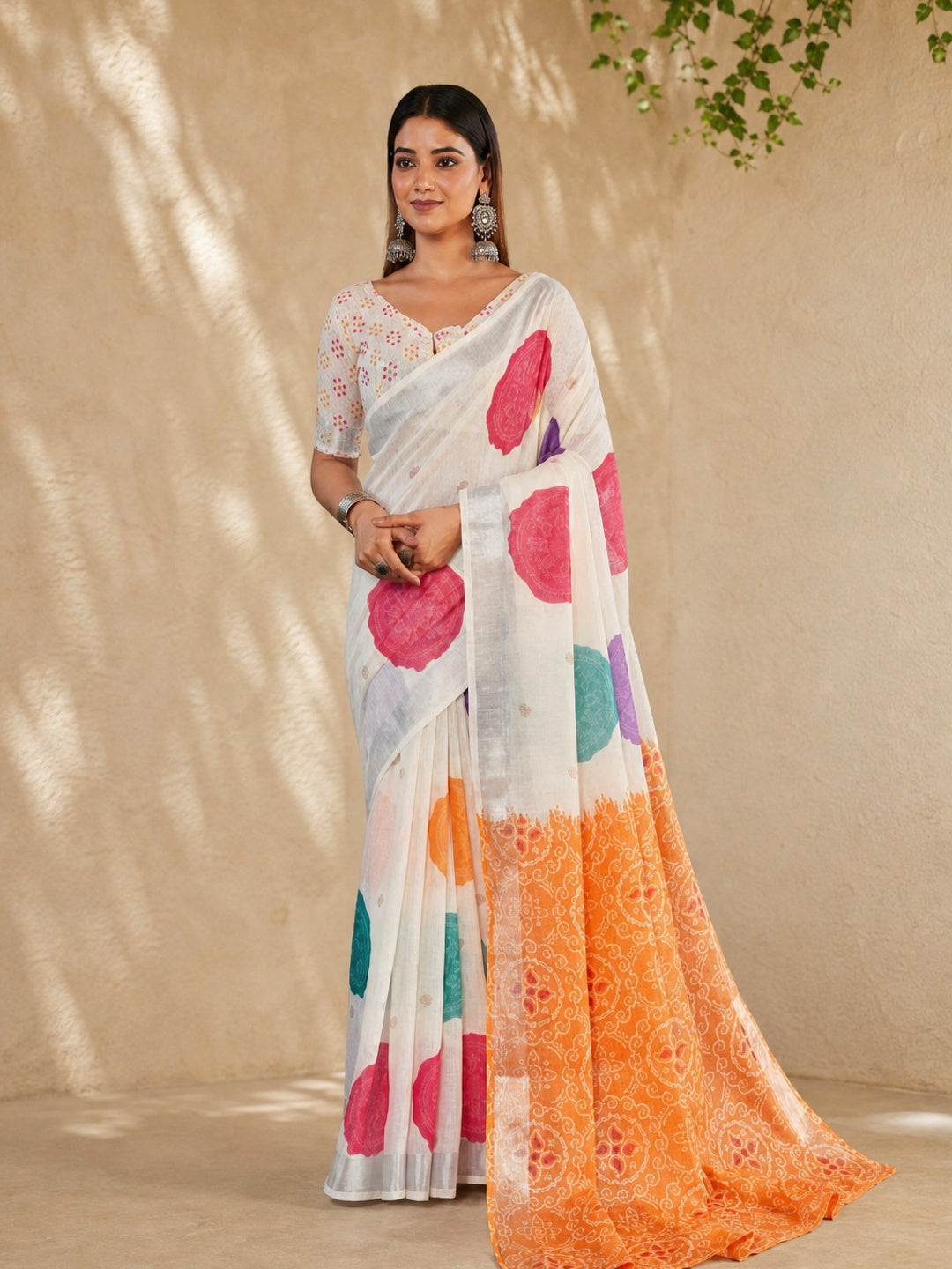 Peachmode Multicolor Linen Abstract Printed Saree - Image 2