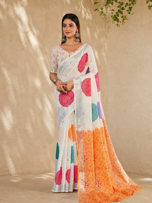 Peachmode Multicolor Linen Abstract Printed Saree - Image 2