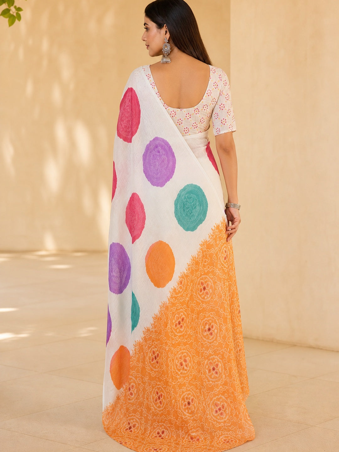 Peachmode Multicolor Linen Abstract Printed Saree - Image 3