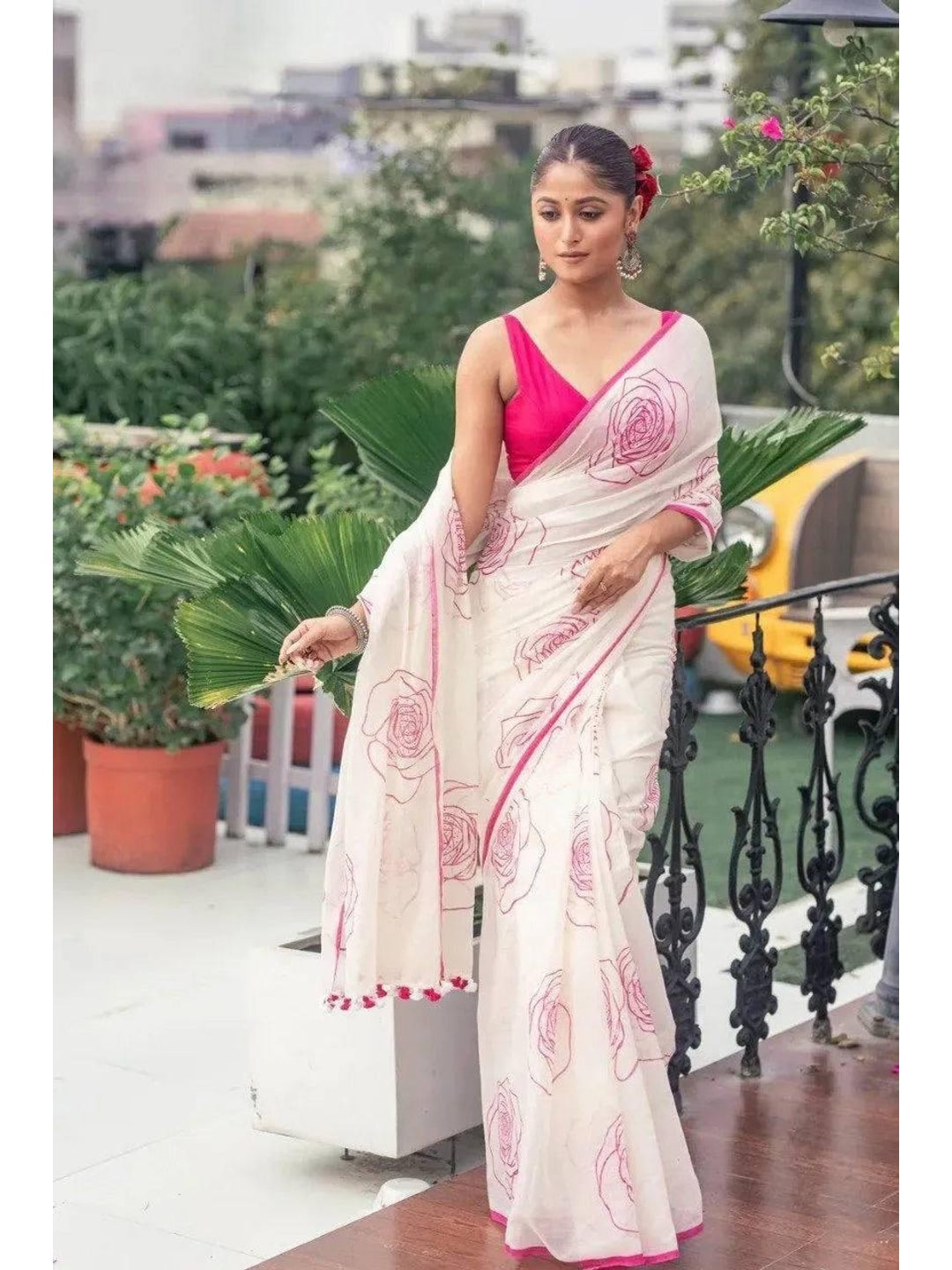 Peachmode White Linen Pink Botanical Printed Saree - Image 1