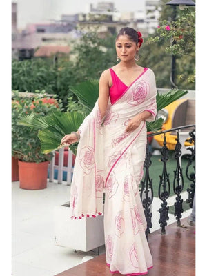 Peachmode White Linen Pink Botanical Printed Saree - Image 1