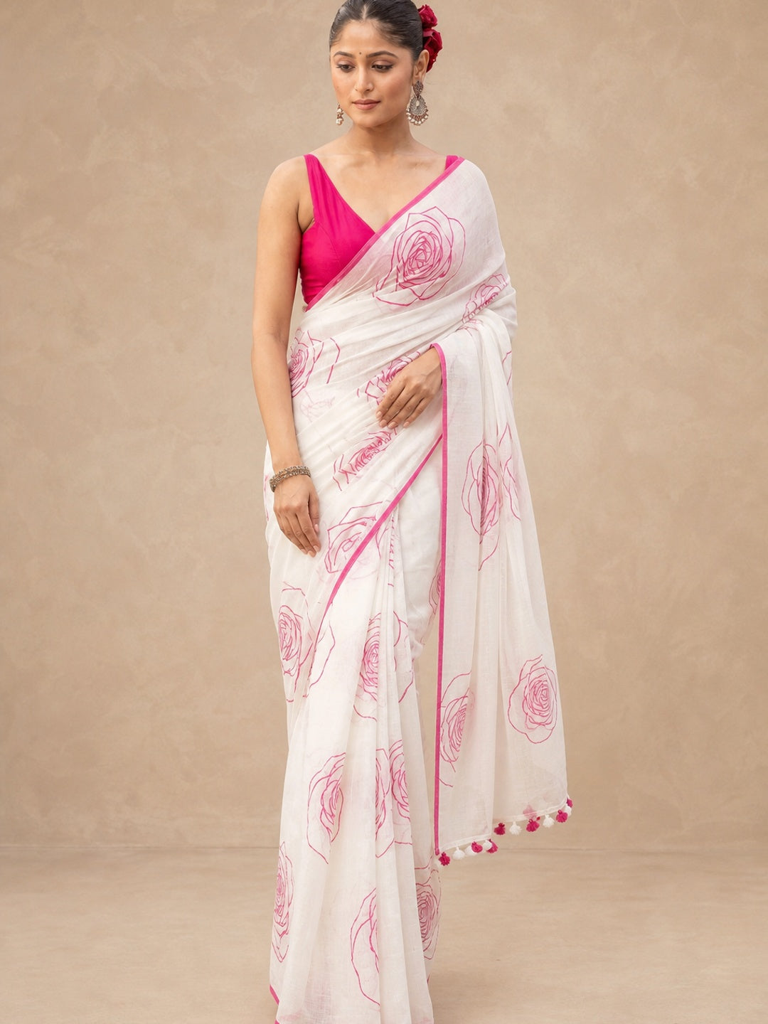 Peachmode White Linen Pink Botanical Printed Saree - Image 2