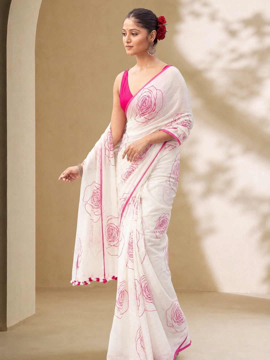 Peachmode White Linen Pink Botanical Printed Saree - Image 4