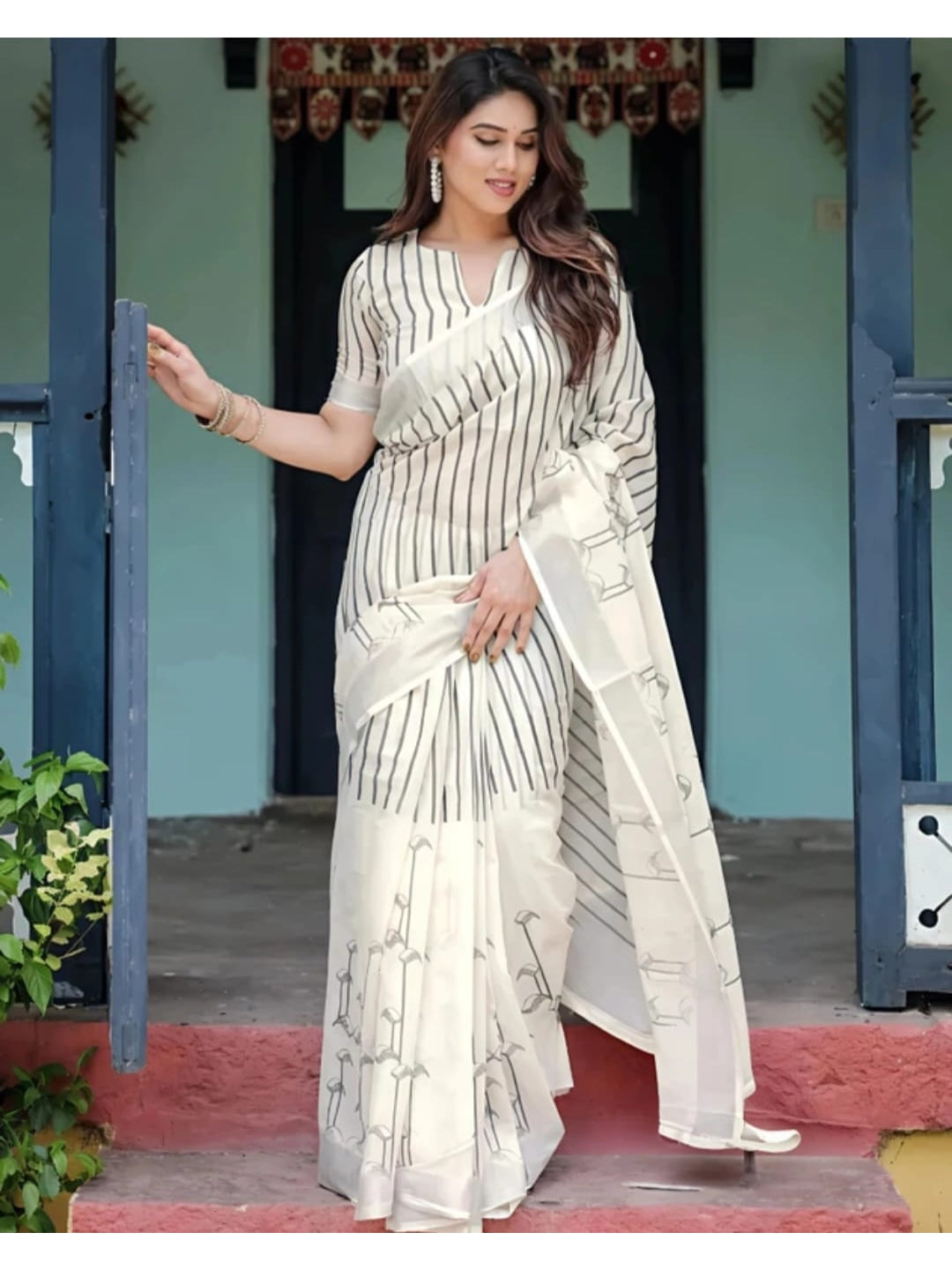 Peachmode White Linen Black Striped Printed Saree - Image 1