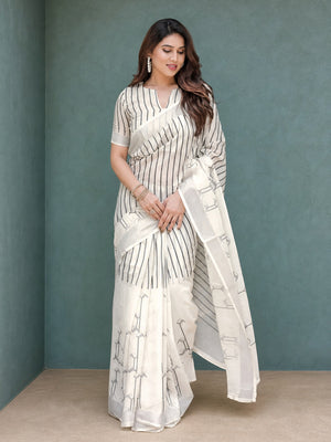 Peachmode White Linen Black Striped Printed Saree - Image 2